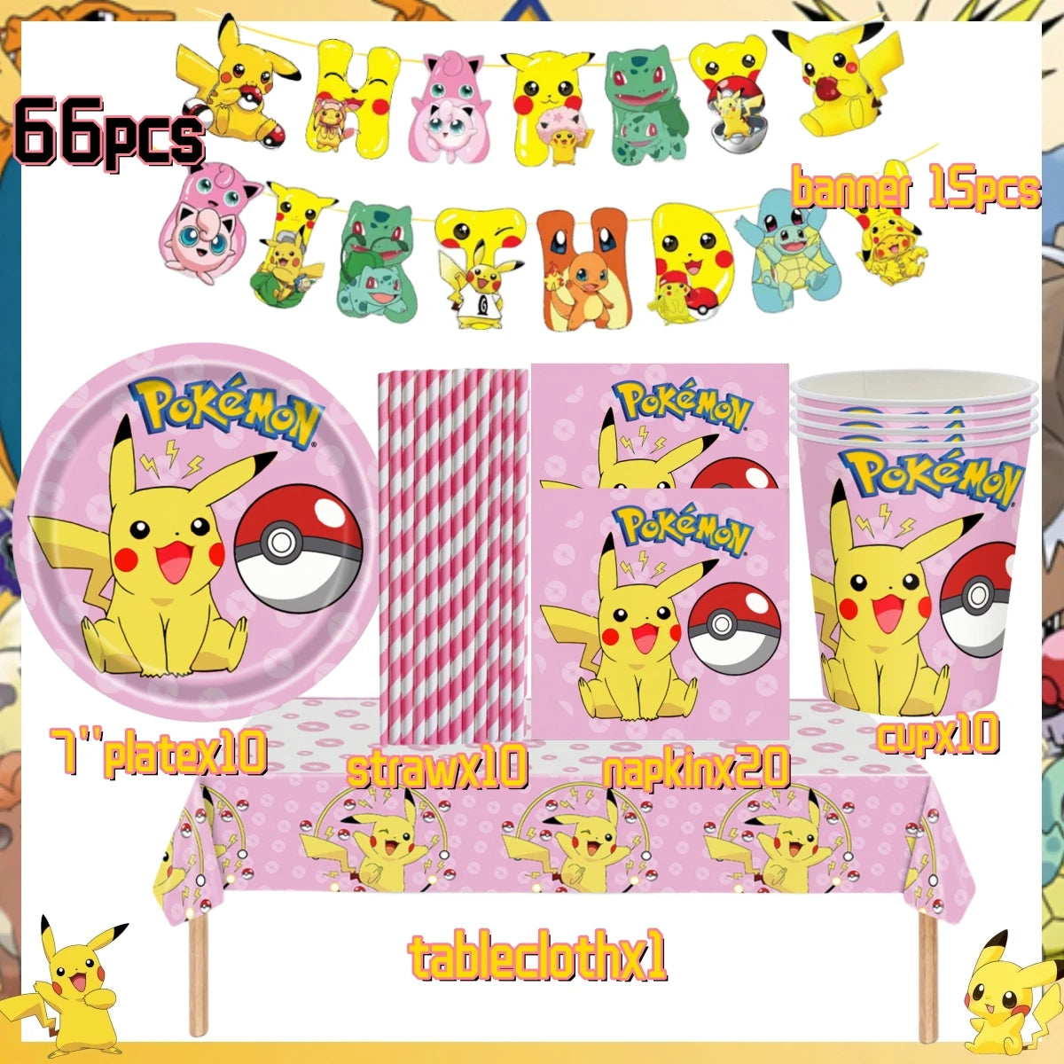 Pink Pokemon Birthday Party Decoration Disposable Tableware Set Pikachu Tablecloth Cup Plate Baby Shower Kids Diy Party Supplies