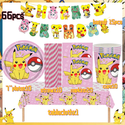 Pink Pokemon Birthday Party Decoration Disposable Tableware Set Pikachu Tablecloth Cup Plate Baby Shower Kids Diy Party Supplies