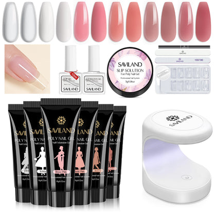 SAVILAND Poly Gel Nail Kit with UV Lamp Starter Set Fast Cure No Lifting Purple Pink Gel with Nail Tips for Beginners Home Salon