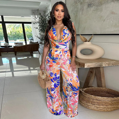 Summer Women 2025 Outfits Beach Jumpsuit Cover Up For Female Swim Swimsuit Sexy Tunic Sleeveless Lace Up Wide Leg Printed Romper