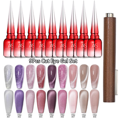 AS 9pcs Cat Eye Magnetic Moonlight Gel Nail Polish Set 15ml Sparkle White Silver Water Light Red UV Gel Nail Art Manicure Vernis