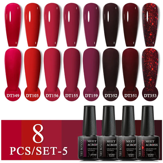 MEET ACROSS 8Pcs/Set Glitter Red Pink Orange Gel Nail Polish Semi Permanent Soak Off UV Gel Varnish Nail Art Manicure Kit