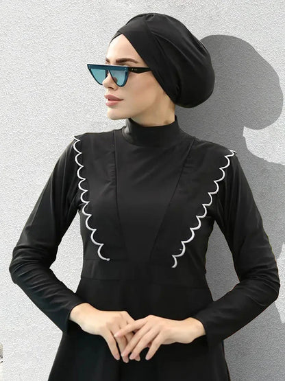 3PCS Black Series Modest Burkini Femmes Muslim Swimsuit Swimwear Summer Beach Women's Swimsuit Lotus Leaf Edge Design