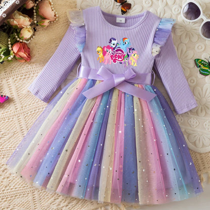 My Little Ponys Colorful Princess Dress for Kids Girls Casual Long Sleeve Sequin Mesh Dresses Party Gift 1-5Y
