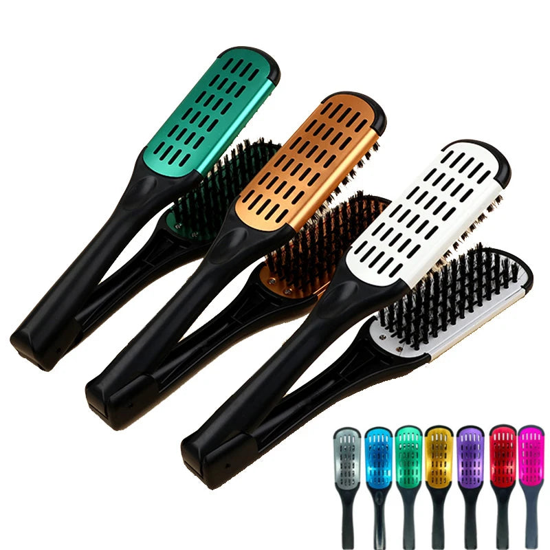 Pro Hairdressing Straightener Hairbrush Nylon Hair Straightening Double Brushes V Shape Comb Clamp Not Hurt Styling Tools DIY