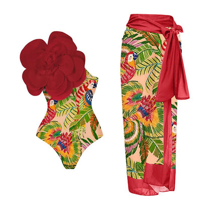 2024 Sexy Women's Swimsuit with Skirt One-Piece Swimwear Vintage Ruffle V Neck Cover Up Bikinis Set Beachwear Bathing Suit