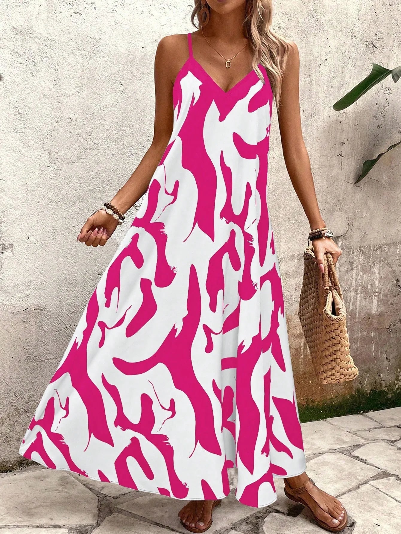 Summer 2026 Women's Fashion Slim Fit Floral Print V-Neck Loose Holiday Style Dress Knitted Fabric A- Line Skirt Casual Wear