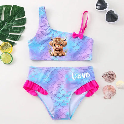 Girls' "Nature Love" Bikini Set: Mermaid Scale Pattern with Chibi Fox & Asymmetric Ruffles