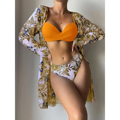 Three Pieces Bikini Set Cover Up Women 2023 New Push Up Twist Swimsuit Print Long Sleeve Swimwear Biquini Bathing Suit Summer