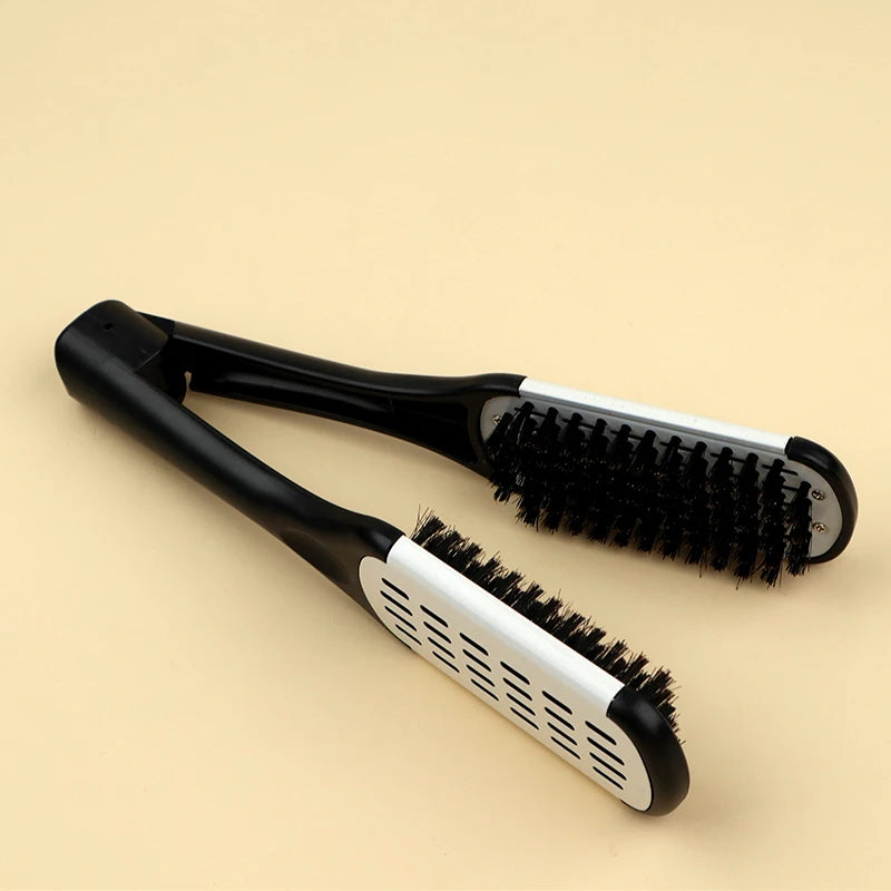 Pro Hairdressing Straightener Hairbrush Nylon Hair Straightening Double Brushes V Shape Comb Clamp Not Hurt Styling Tools DIY
