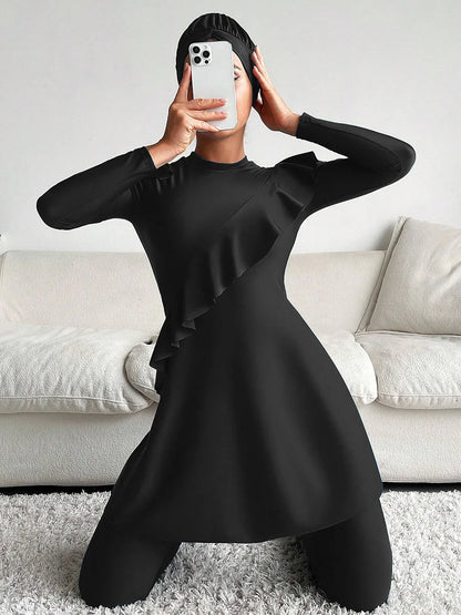 3PCS Black Series Modest Burkini Femmes Muslim Swimsuit Swimwear Summer Beach Women's Swimsuit Lotus Leaf Edge Design