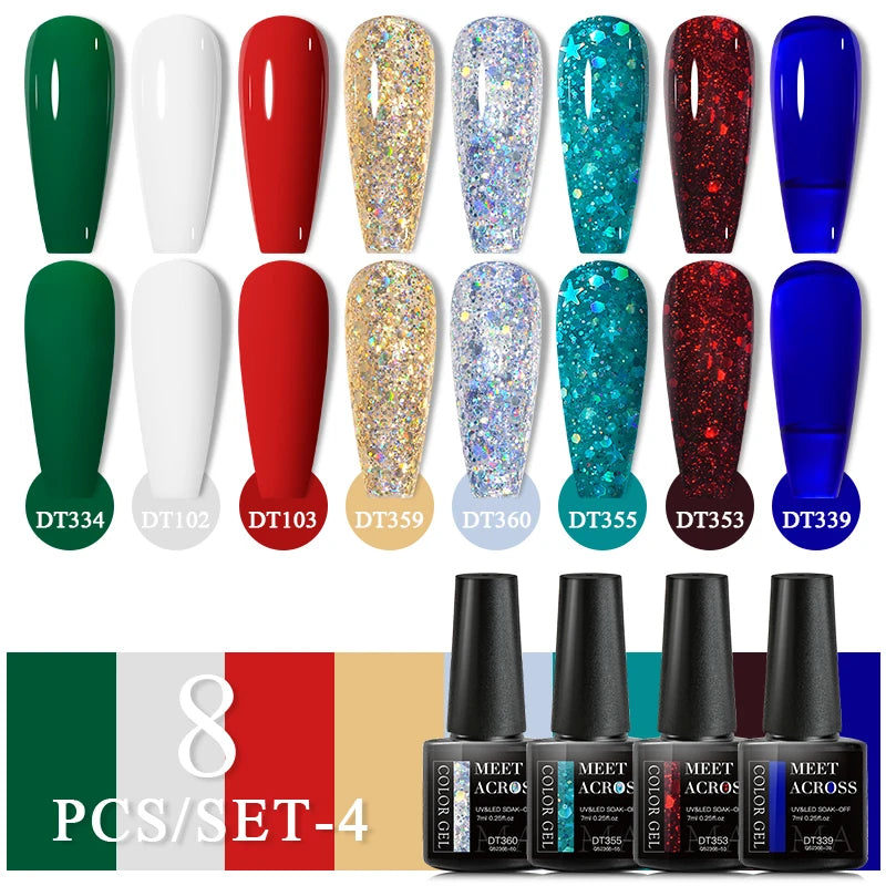 MEET ACROSS 8Pcs/Set Glitter Red Pink Orange Gel Nail Polish Semi Permanent Soak Off UV Gel Varnish Nail Art Manicure Kit