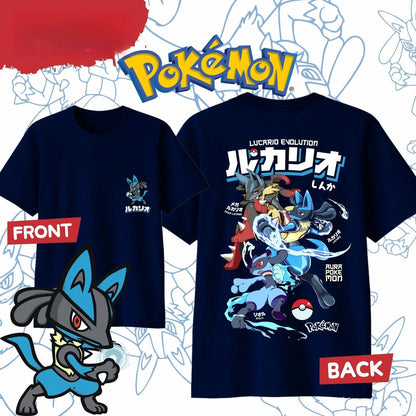 2025 Summer Pokémon Anime LUCARIO 100% Pure Cotton Printed T-shirt Men Harajuku Loose Casual Versatile Short-sleeved Loose Y2k