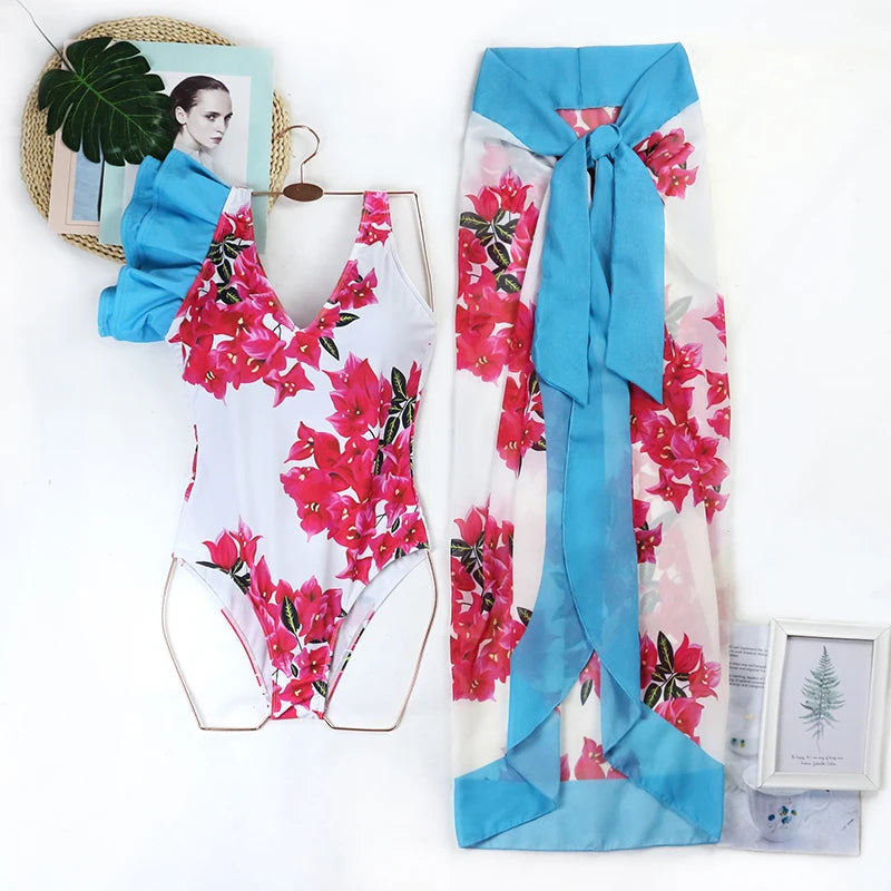2024 Sexy Women's Swimsuit with Skirt One-Piece Swimwear Vintage Ruffle V Neck Cover Up Bikinis Set Beachwear Bathing Suit