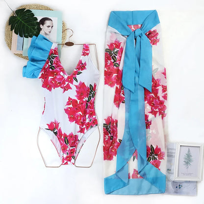 2024 Sexy Women's Swimsuit with Skirt One-Piece Swimwear Vintage Ruffle V Neck Cover Up Bikinis Set Beachwear Bathing Suit