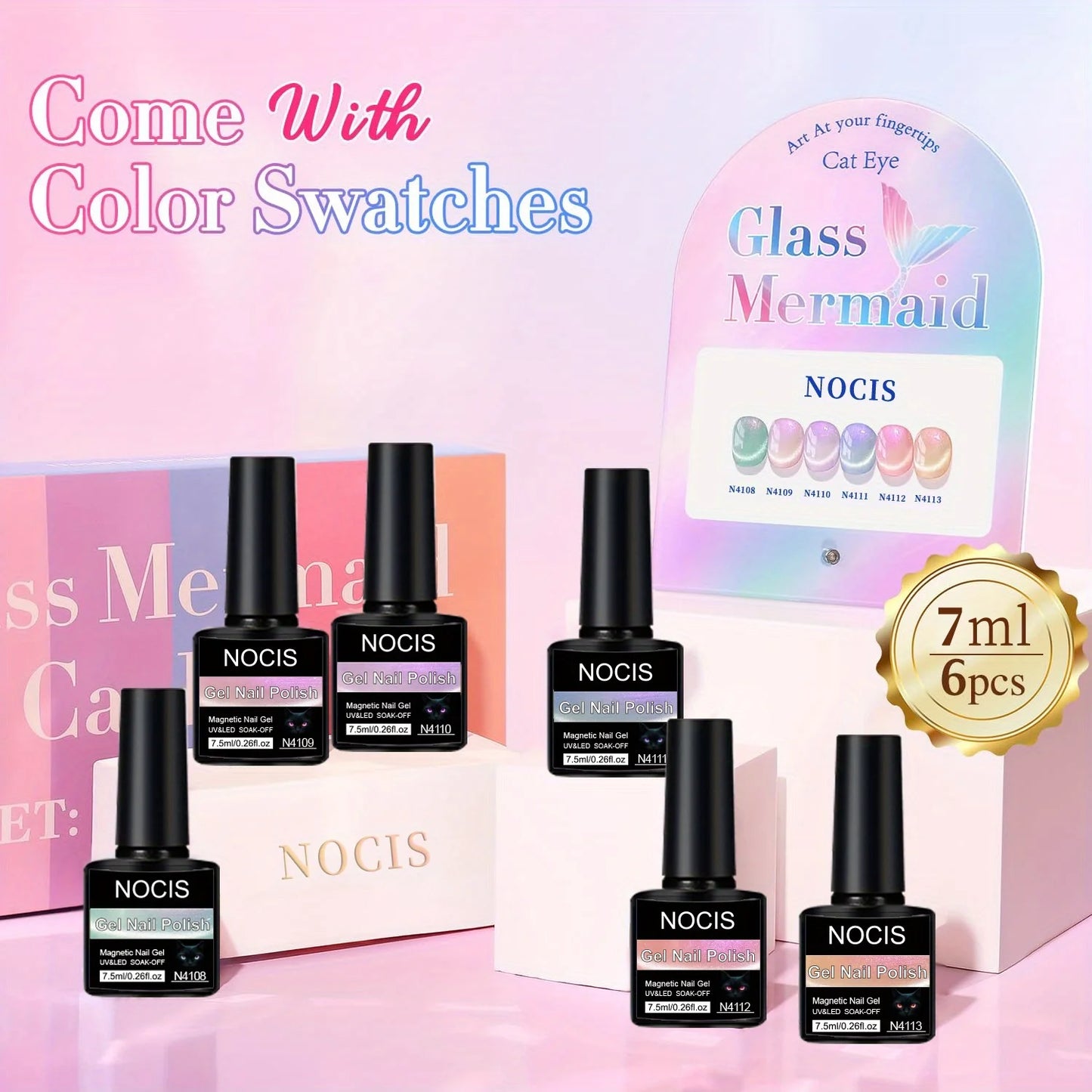 Cat Eye Gel Nail Polish Set - 6 Colors 0.26oz Summer Chameleon Cat Eye Green Purple Mermaid Gel with Magnet Soak