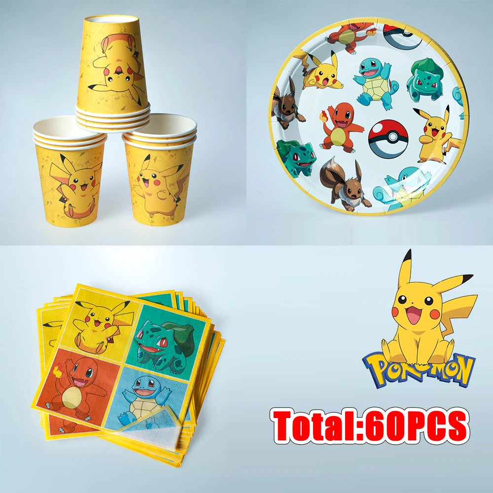 60pcs Pokemon Tableware Pikachu Birthday Decoration Disposable Cups Plates Napkins Happy Birthday Baby Shower Supplies Toys ﻿