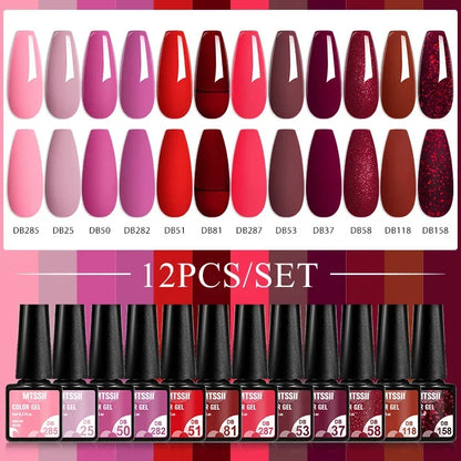 MTSSII 12pcs Gel Nail Polish Set Nude Pink Red Glitter Semi Permanent Soak Off  UV Gel Varnish Manicure Kit Nail Supplies DIY
