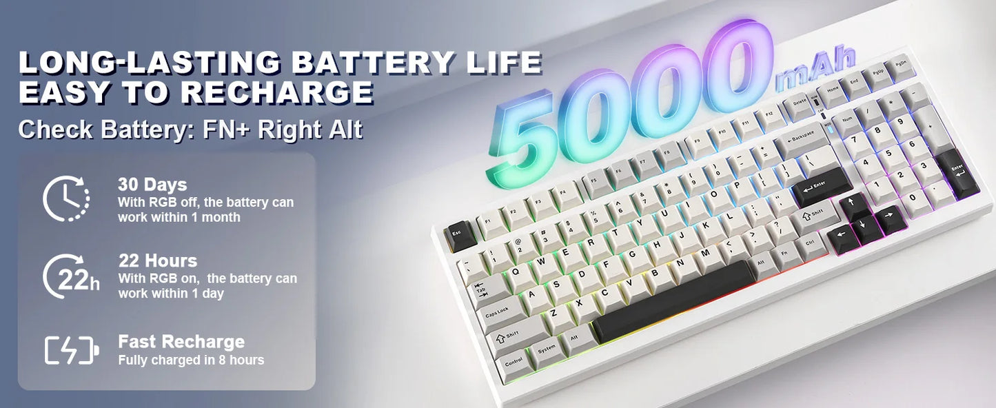 YUNZII YZ98 White Full Size Mechanical Gaming Keyboard, Vintage 99 Keys Hot Swap Gasket 98% Layout Wireless RGB Backlit Keyboard