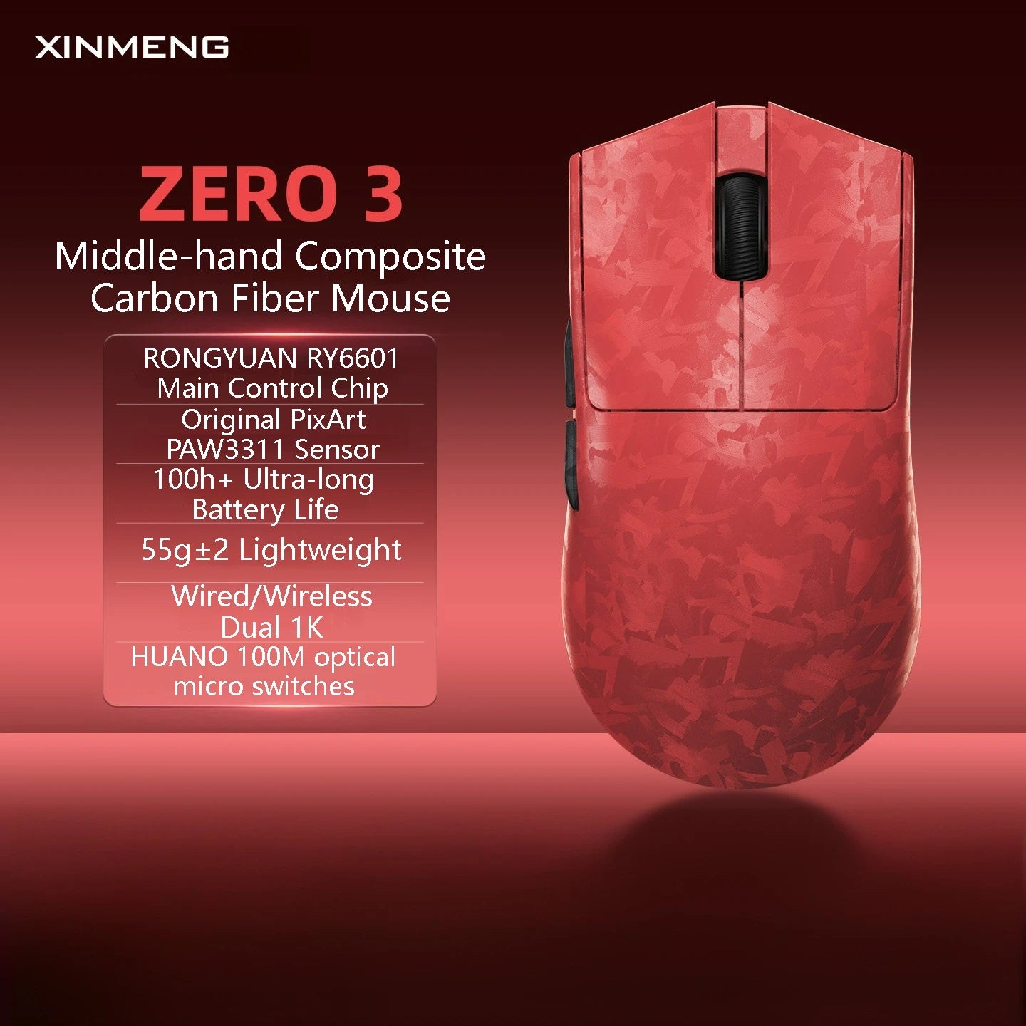 XINMENG ZERO 3 Gaming Mouse PAW3311/PAW3395/PAW3950 E-sport Sensor 1K/8K Polling Rate Carbon Fiber Case 500mAh Battery Wireless