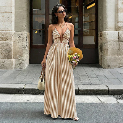 2026 Summer New Style Deep V-neck Striped Beach Dress, Sexy Backless Sleeveless Neckline Long Dress