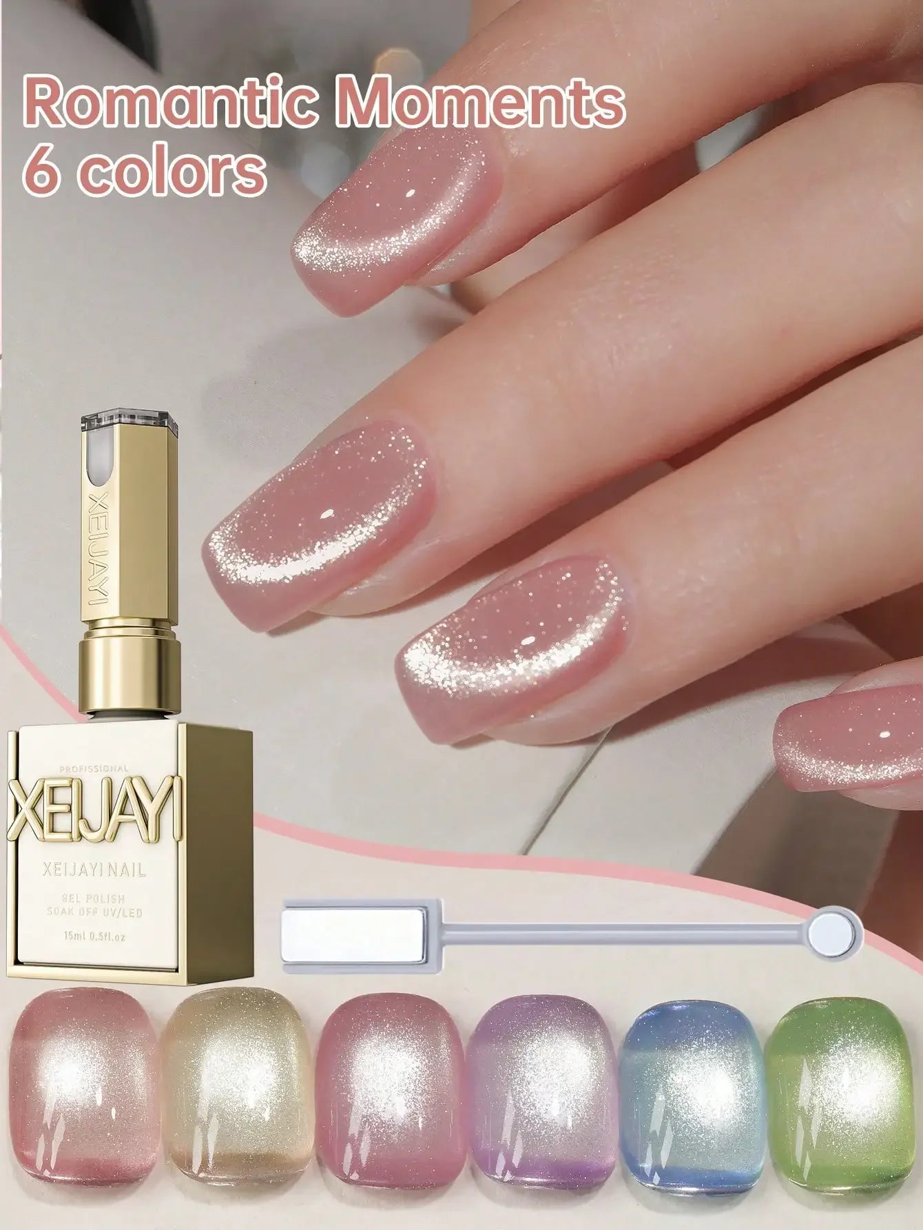 XEIJAYI 6-Color Magnetic Cat-Eye Gel Polish Set with Dual-Head Magnet Tool – Create Shimmering Nail Art with Ease