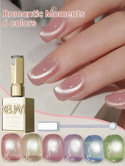 XEIJAYI 6-Color Magnetic Cat-Eye Gel Polish Set with Dual-Head Magnet Tool – Create Shimmering Nail Art with Ease