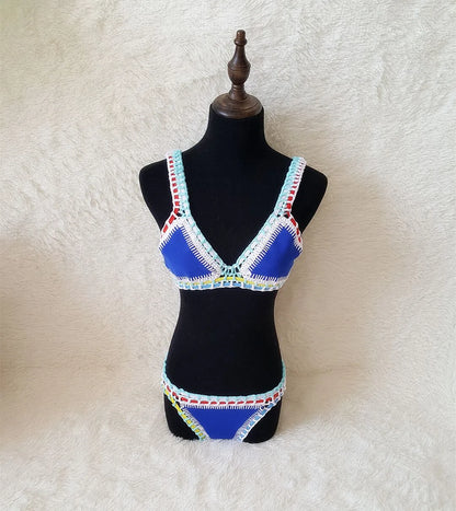 Bikini Crochet 2025 Handmade Knit Patchwork Reversible 2 Piece Swimsuit Women Halter Top Brazilian Bathing Suit Thong Swimwear