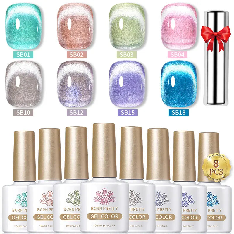 BORN PRETTY 8Pcs Glitter Cat Magnetic Nail Gel Polish Set Moonlight Transparent Summer Semi Permanent UV Gel Soak Off Nail Gel