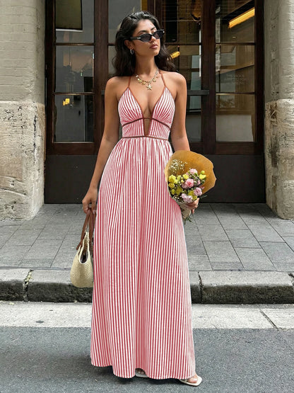 2026 Summer New Style Deep V-neck Striped Beach Dress, Sexy Backless Sleeveless Neckline Long Dress