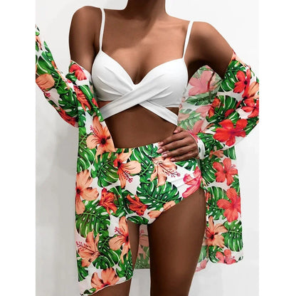 Three Pieces Bikini Set Cover Up Women 2023 New Push Up Twist Swimsuit Print Long Sleeve Swimwear Biquini Bathing Suit Summer