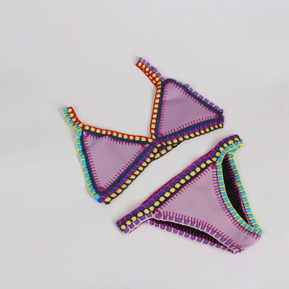 Bikini Crochet 2025 Handmade Knit Patchwork Reversible 2 Piece Swimsuit Women Halter Top Brazilian Bathing Suit Thong Swimwear