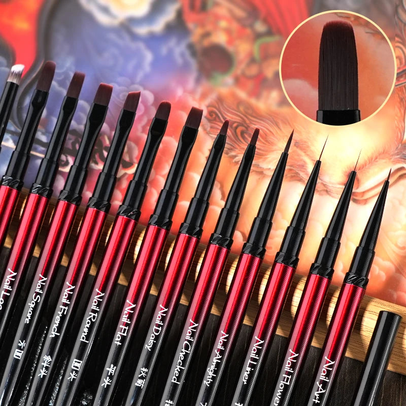 New 1/13pcs Nail Art Brush Set Black Red Metal Handle Acrylic UV Gel Polish Crystal Acrylic Nail Drawing Tools High Quality