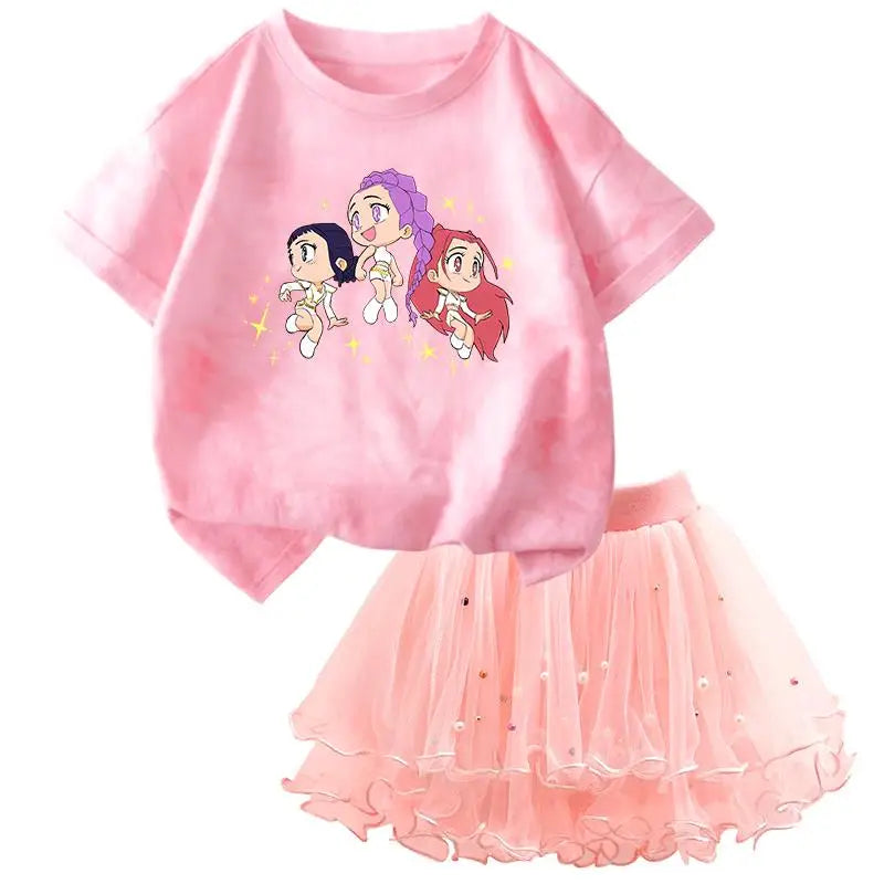 Girls' K-Pop HUNTRX Princess Set: Tie-Dye Graphic Tee & Pearl Tutu Skirt 2-Piece Outfit