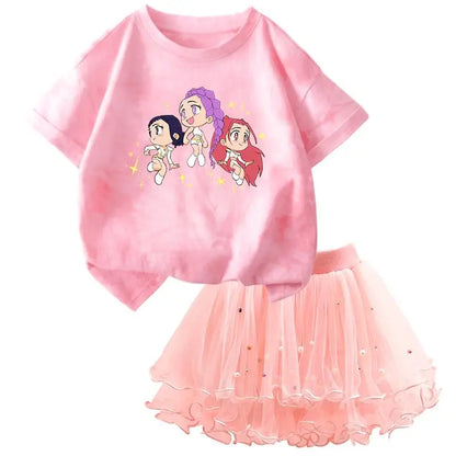 Girls' K-Pop HUNTRX Princess Set: Tie-Dye Graphic Tee & Pearl Tutu Skirt 2-Piece Outfit