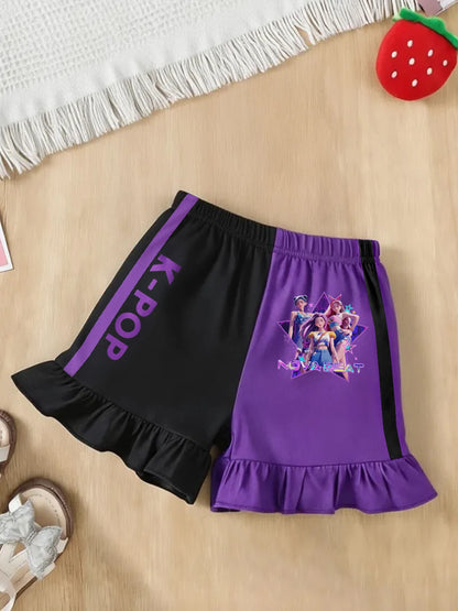 Girls' Nova Beat K-Pop 2-Piece Set: Graphic Tee & Ruffle Hem Shorts Streetwear
