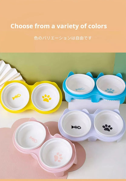 Cat bowl ceramic, cat food bowl double bowl drinking water, dog basin, pet oblique mouth to protect the cervical vertebrae