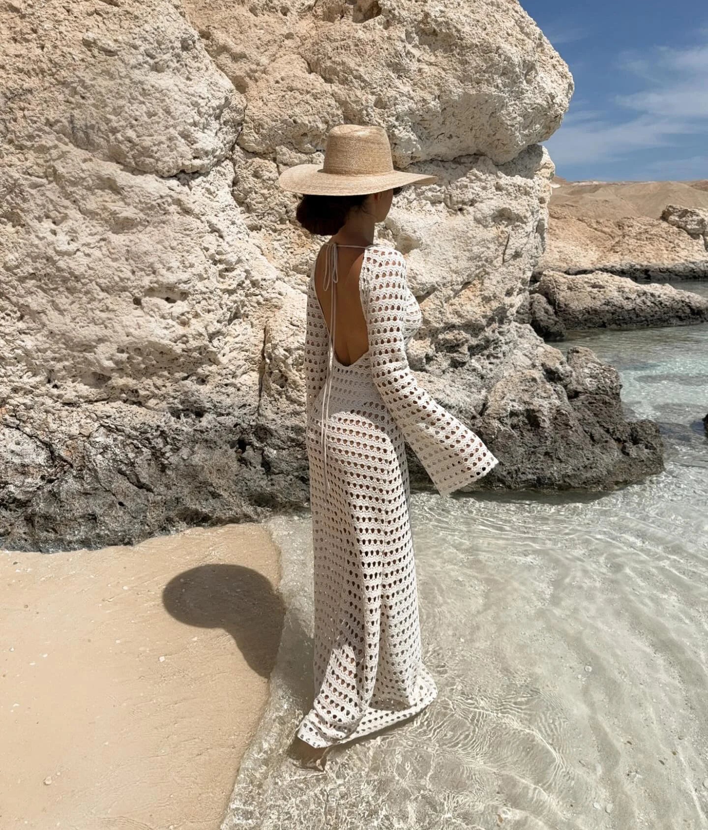 Sexy Knit Mesh Backless Long Bell Sleeve Beach Maxi Dress 2026 Women's Summer Slim Outfits Vacation Swimsuit Cover Up Tunic K205