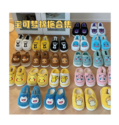 Pokemon Anime Couple Slippers Cute Pikachu Eevee Cartoon Cotton Home Shoes for Men And Women with Velvet Insulation Winter Gifts