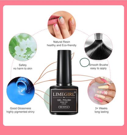 LIMEGIRL 8ML Gel Nail Polish Kit Semi-Permanent Soak Gel Varnish Base Coat Polishing Tool with UV LED Light Nail Gel Kit