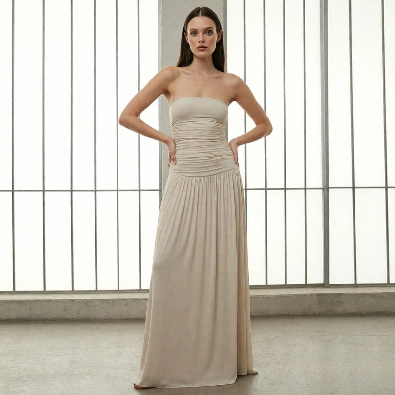 2026 Summer Fashion Solid Color Strapless Strapless Sleeveless Lady Long Dress New Elegant Sexy Slimming Pleated Women's Dresses