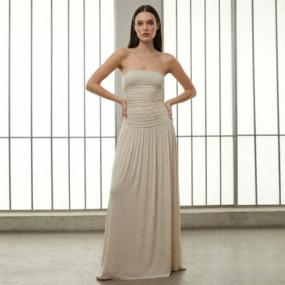2026 Summer Fashion Solid Color Strapless Strapless Sleeveless Lady Long Dress New Elegant Sexy Slimming Pleated Women's Dresses