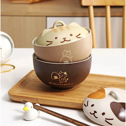 Cartoon Cat Ceramic Noodle Bowl with Lid 🐱🍜