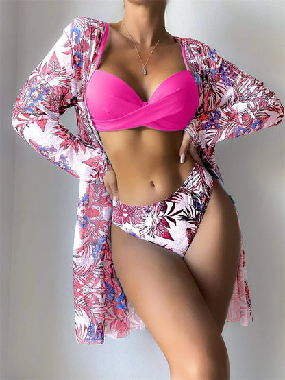 Three Pieces Bikini Set Cover Up Women 2023 New Push Up Twist Swimsuit Print Long Sleeve Swimwear Biquini Bathing Suit Summer
