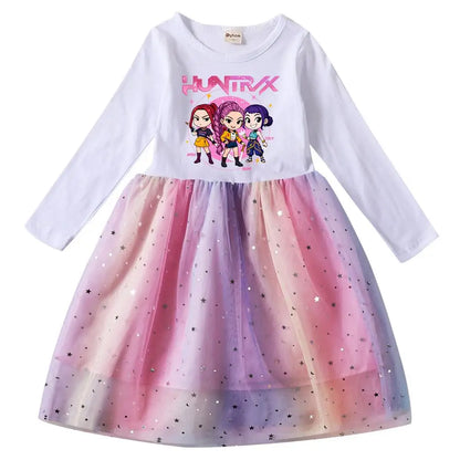 Girls' K-Pop Demon Hunters "Star Sparkle" Long Sleeve Tutu Dress: Rainbow Tulle Princess Gown