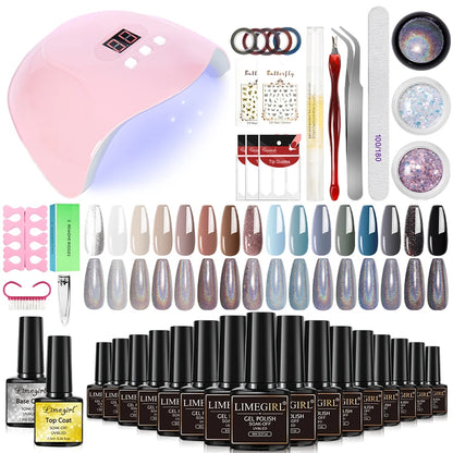 LIMEGIRL 8ML Gel Nail Polish Kit Semi-Permanent Soak Gel Varnish Base Coat Polishing Tool with UV LED Light Nail Gel Kit