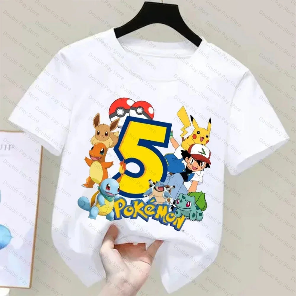 Pokemons Pikachu Kids T Shirts Birthday Number 3-8 Printed T Shirt Boys Girls Summer Casual Short Sleeves Tops Children Clothing