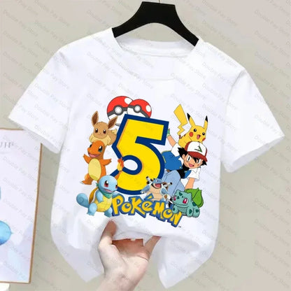 Pokemons Pikachu Kids T Shirts Birthday Number 3-8 Printed T Shirt Boys Girls Summer Casual Short Sleeves Tops Children Clothing