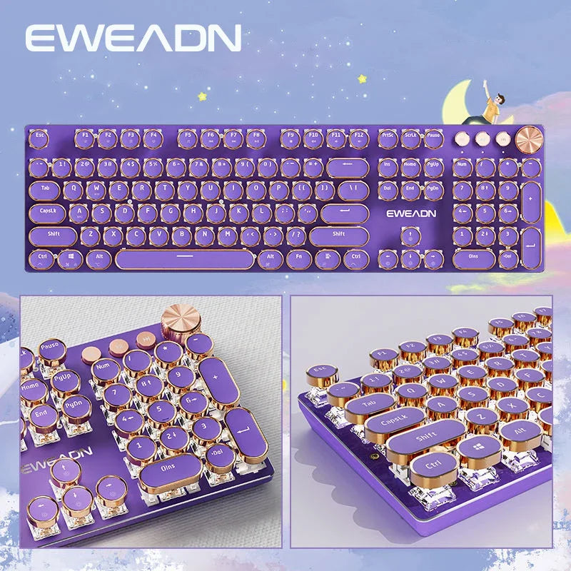 EWEADN V20 Mechanical Keyboard Wired Cute 104 Keys Round Keycaps Gaming Keyboard Retro Punk White Backlit Office Computer Mute