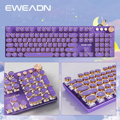 EWEADN V20 Mechanical Keyboard Wired Cute 104 Keys Round Keycaps Gaming Keyboard Retro Punk White Backlit Office Computer Mute